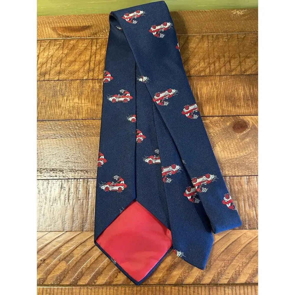 1950s Mens Tie 4” Navy Graphic Silk Blend Race Car Flag Speedway INDY 500 Driver